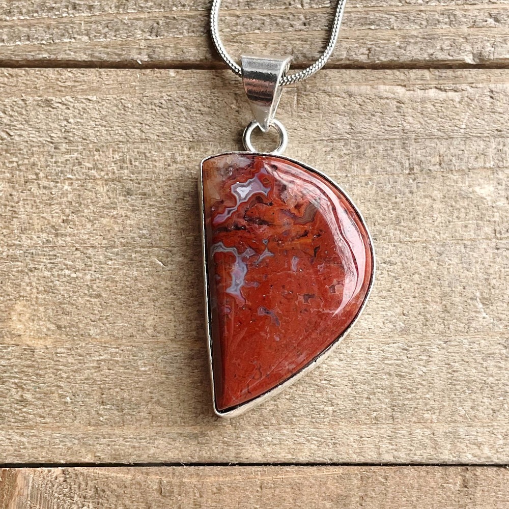 Red Lace Agate Pendant Necklace in 925 Silver on 18" Silver Snake Chain #003